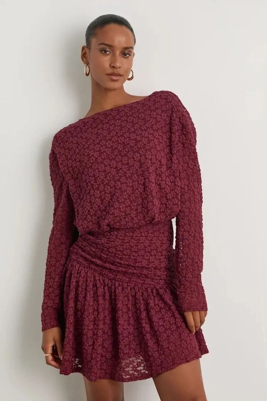 NWT Lulus Zallie Wine Red Textured Knit Ruched Long Sleeve Mini Dress Size Large